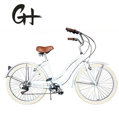 17KG 26&quot; neumático blanco mujer adulto 7 velocidades Shimano Lady City CE EE.UU. Hi-Ten Acero marco CPSC Beach Cruiser Bicicleta