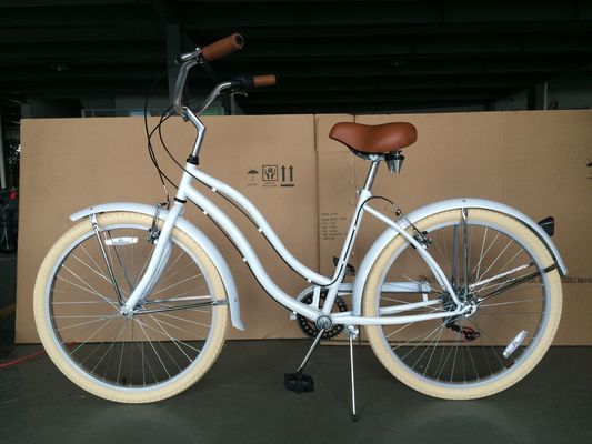 17KG 26&quot; neumático blanco mujer adulto 7 velocidades Shimano Lady City CE EE.UU. Hi-Ten Acero marco CPSC Beach Cruiser Bicicleta
