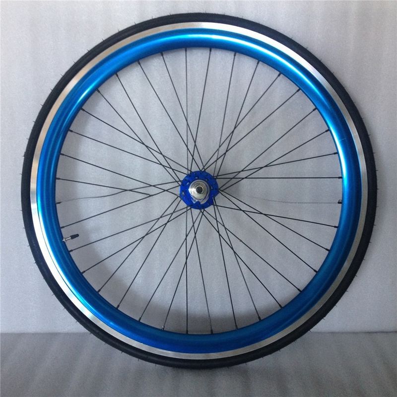 43mm Anodizado Azul Flip Flop Gear Fijo Rueda de la Bicicleta de carretera Conjunto con rayos de colores