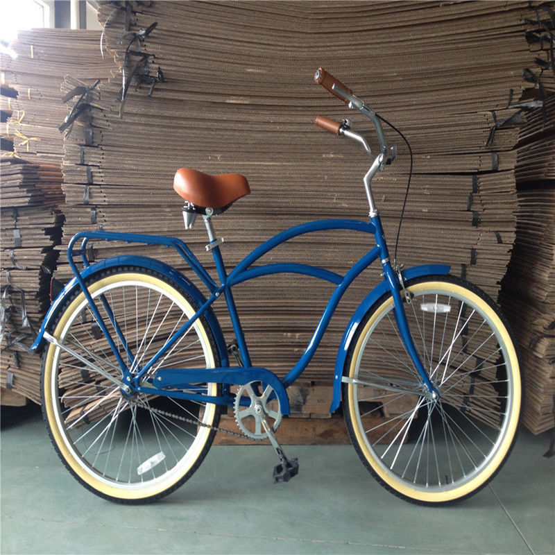 Color azul de velocidad única de 26 pulgadas Vintage Cruiser para hombres Bicicleta con freno V delantero